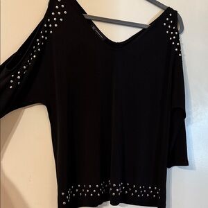 INC International Concepts Black Cold Shoulder Top with Studs